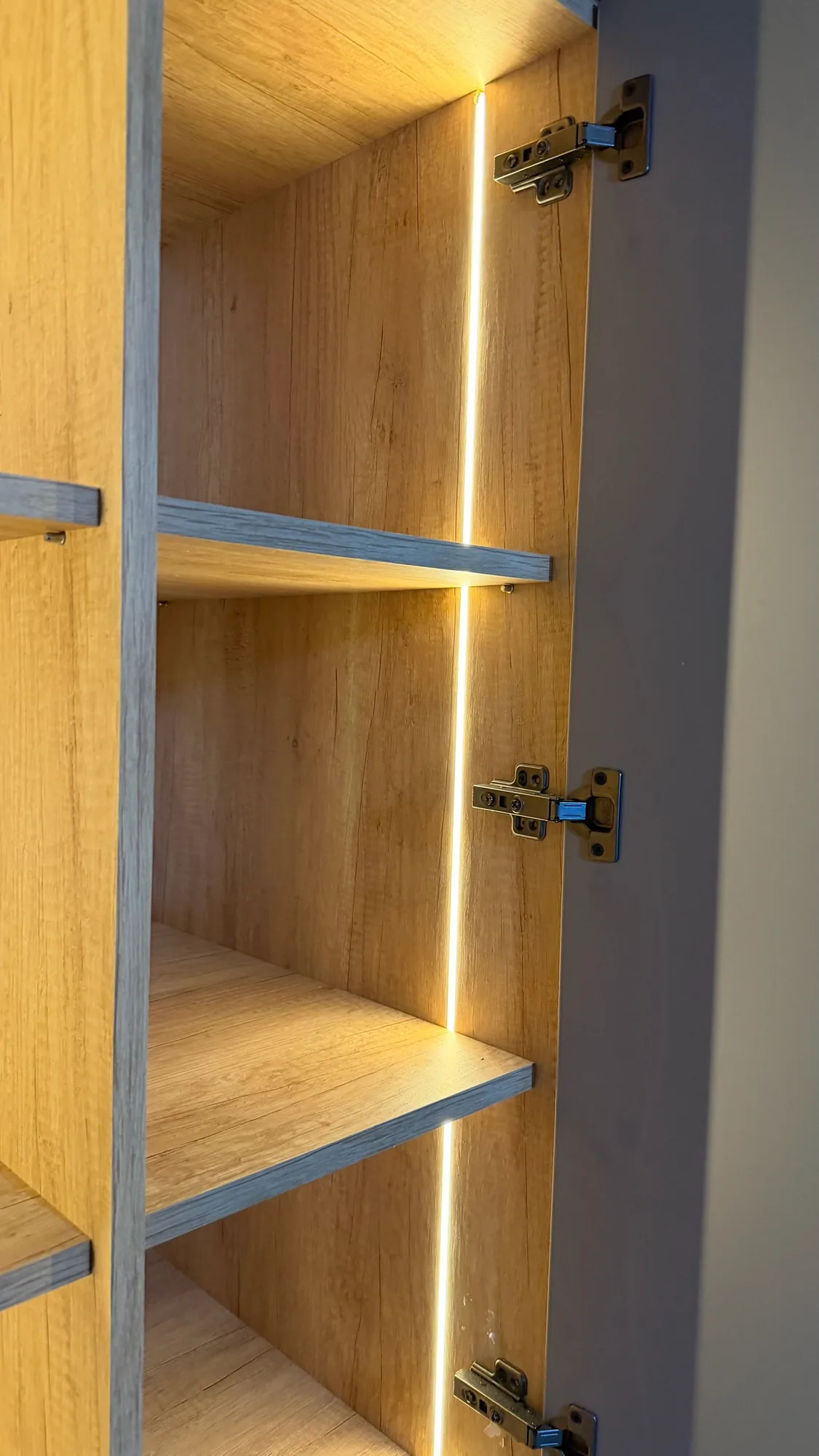Detalle del interior de un placar con estantes símil roble, bisagras metálicas y una tira LED vertical continua; toma cercana en ángulo